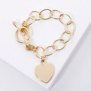 Gold Heart Lock Pendant Charm Toggle Bracelet Dipped Metal Chain Link
